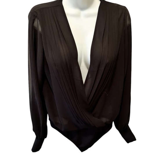 Express Plunging Chiffon Draped Black Bodysuit S Sheer Ballon Sleeve Sexy - Picture 1 of 6